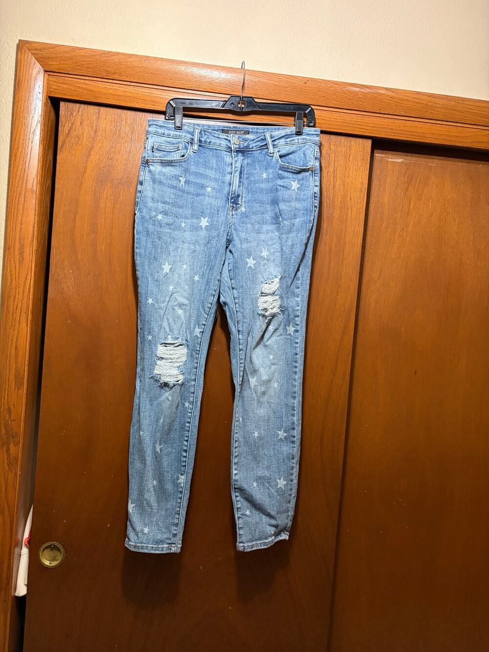 Judy Blue 13/31 Star Print Distressed Jeans Women's Light Wash Stretch Denim